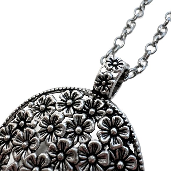 Flower Pendant Double Oval Link Chain Antique Silver Tone Handmade - Picture 3 of 8